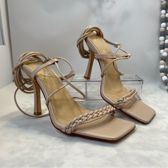Braided Lace Up Heeled Sandals Square Open Toe Straps Stiletto Heels nude 7.5 - Picture 2 of 8